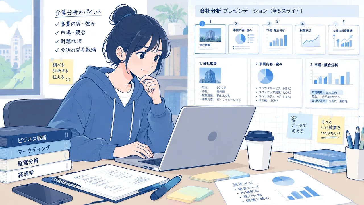 完成イメージ:企業を分析した5枚のスライド(表紙/事業と顧客/稼ぎ方/強み/自分の気づき)