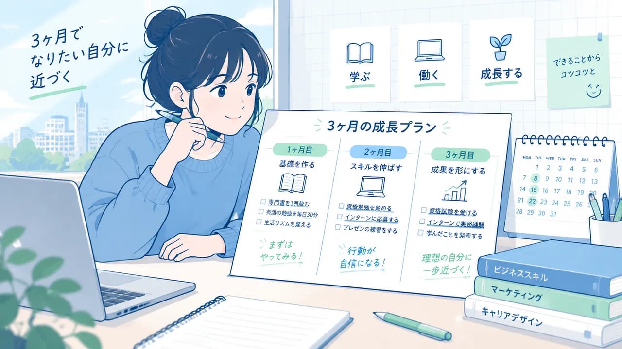 完成イメージ:3か月後の目標、月ごとのテーマ、最初の3週間分の行動を書き込んだ成長計画シート